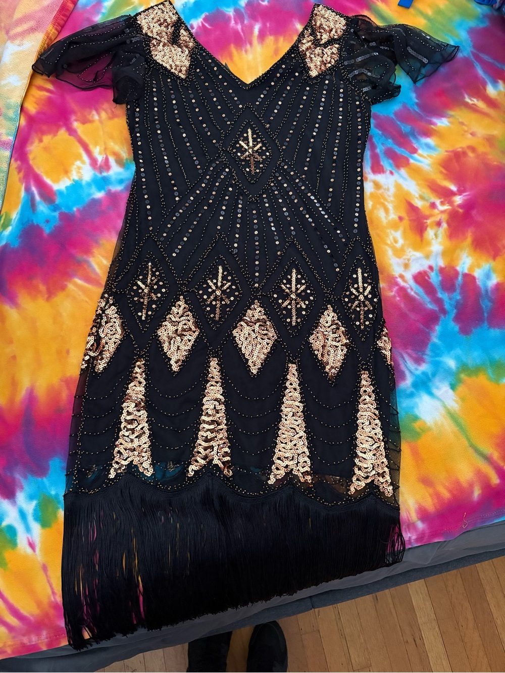 Black Beaded Flapper Dress with Gold Sequin Accents size large